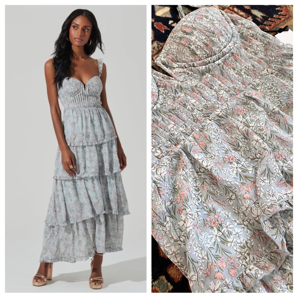 NWT Revolve ASTR the Label blue floral maxi tiered corset top ruffle L